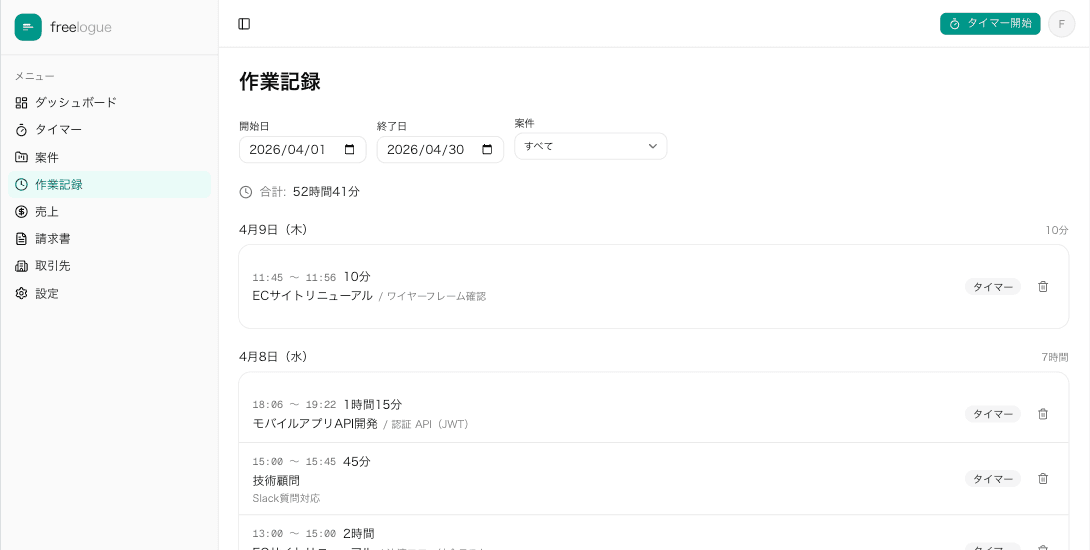 横断ビュー - 全案件の作業記録